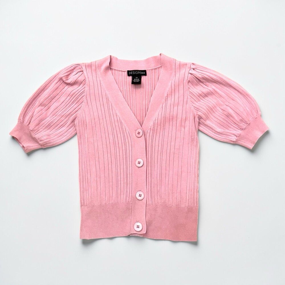 Design 365 Light Pink Puffed Short Sleeve Ribbed Knit Cardigan V-Neck Sweater XS